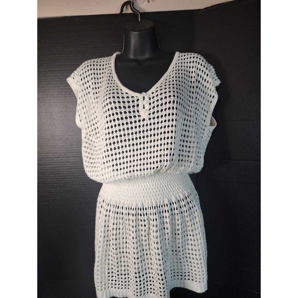 Cream Open Knit Crochet Mini Dress Smocked Waist Henley Cover Up Sleeveless